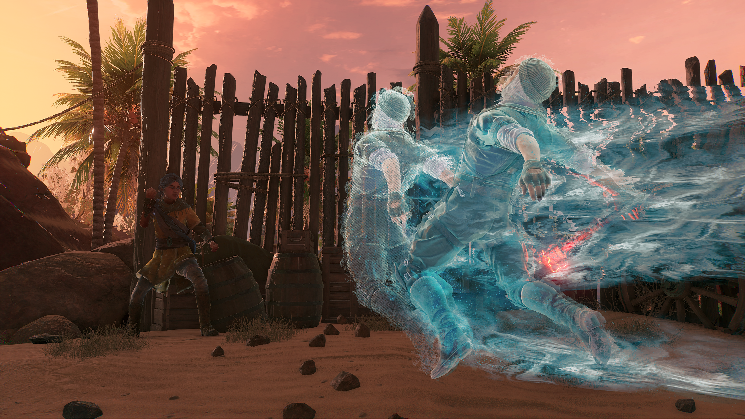 Unknown 9: Awakening's Haroona uses her Pull ability to draw an enemy closer in during a desert skirmish.